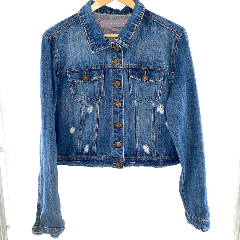 Boom Boom Jean Distressed Crop Denim Jacket Size L